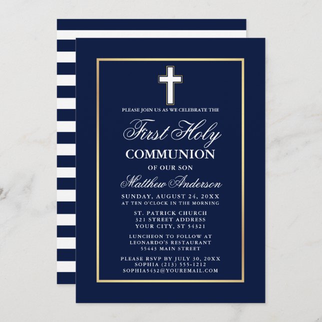 Navy Blue White Gold Frame First Holy Communion Invitation (Front/Back)