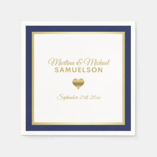 Navy Blue White Gold Heart Frame Wedding Napkin