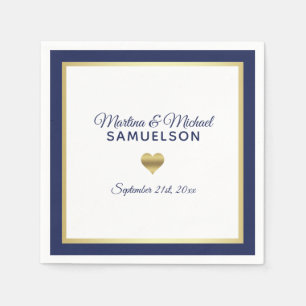 Navy Blue White Gold Heart Frame Wedding Napkin