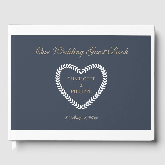 Navy Blue White Gold Heart Shaped Elegant Wedding Guest Book (Front)