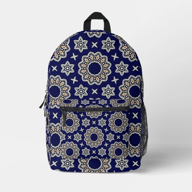 Navy Blue, White & Gold Mandala Dot Art Design Printed Backpack (Front)