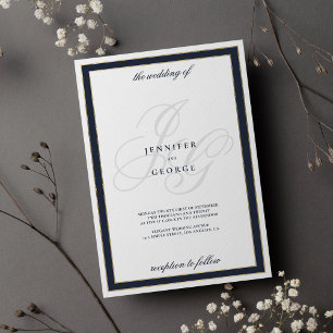 Navy blue white gold monogram initials wedding invitation