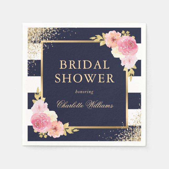 Navy Blue White Gold Pink Floral Bridal Shower Napkin (Front)