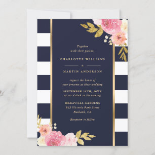 Navy Blue White Gold Striped Pink Floral Wedding Invitation