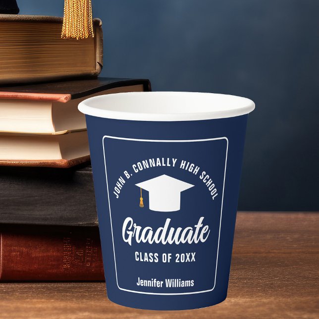 Navy Blue White Graduate Custom Graduation Party Paper Cups (Creator Uploaded)