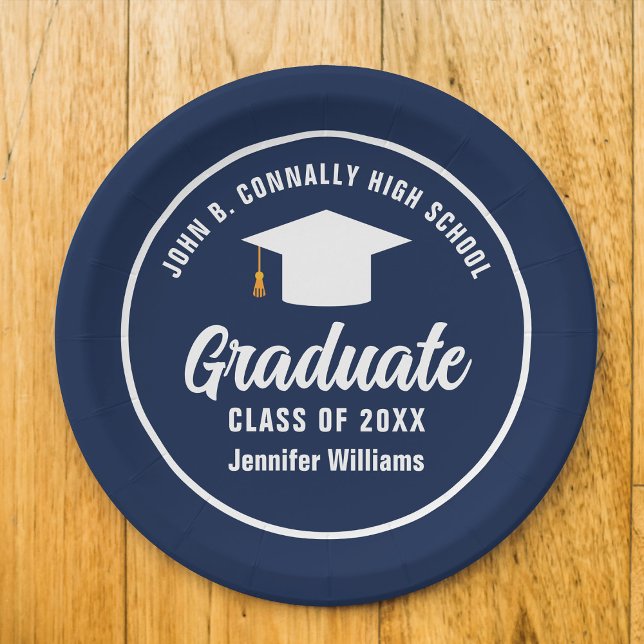 Navy Blue White Graduate Custom Graduation Party Paper Plate (Creator Uploaded)