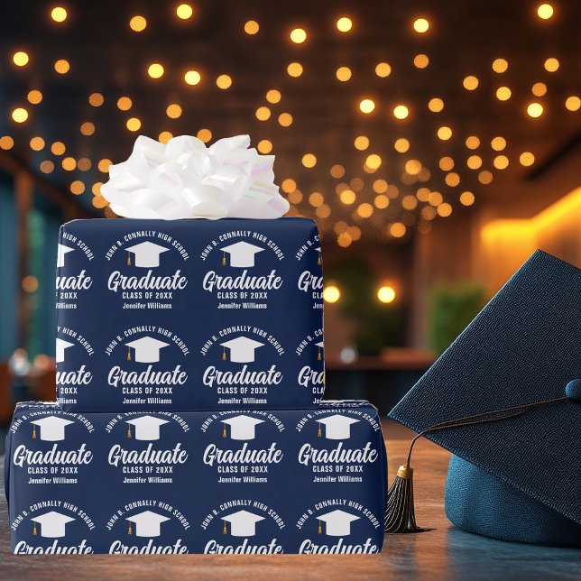 Navy Blue White Graduate Custom Graduation Wrapping Paper (Creator Uploaded)
