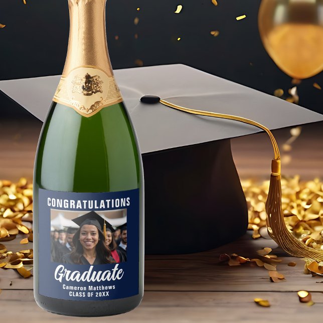 Navy Blue White Graduate Photo Graduation Party Sparkling Wine Label (Creator Uploaded)