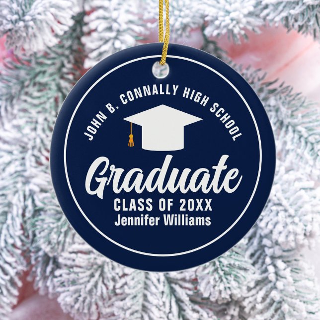 Navy Blue White Graduation Custom Graduate Photo Ceramic Ornament (Creator Uploaded)