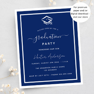 Navy blue white graduation party budget invitation flyer