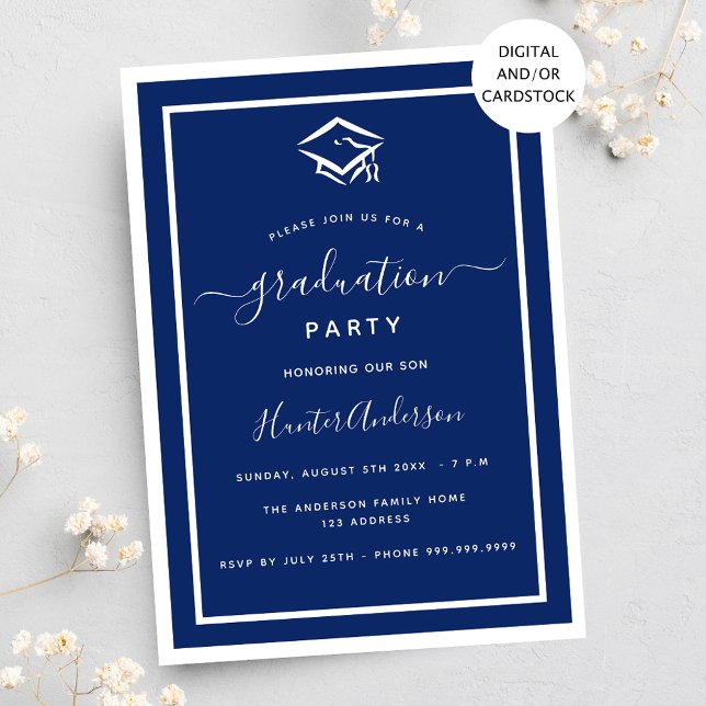 Navy blue white graduation party invitation (Creator Uploaded)