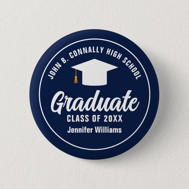 Navy Blue White Graduation Party Personalised 6 Cm Round Badge (Front)