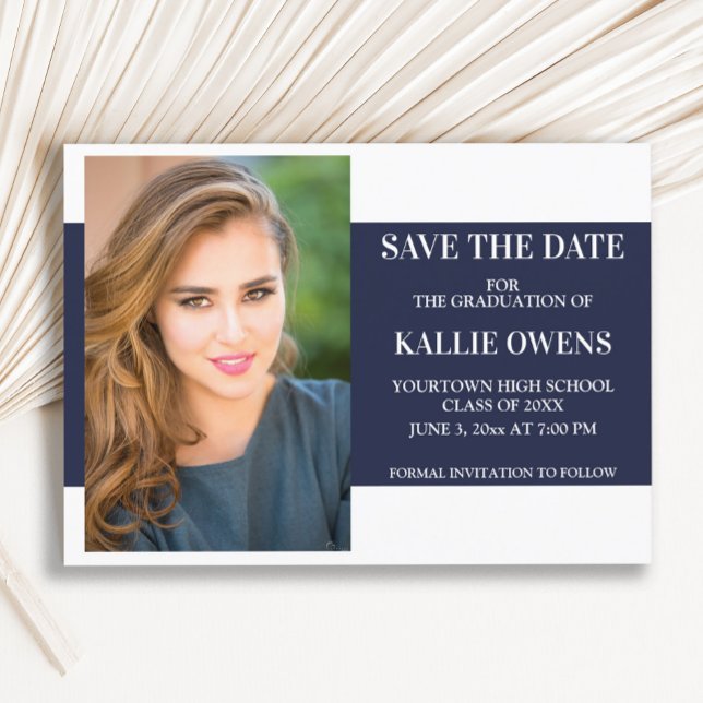 Navy Blue White Graduation Save the Date Announcement Postcard (Navy blue and white graduation photo announcement)