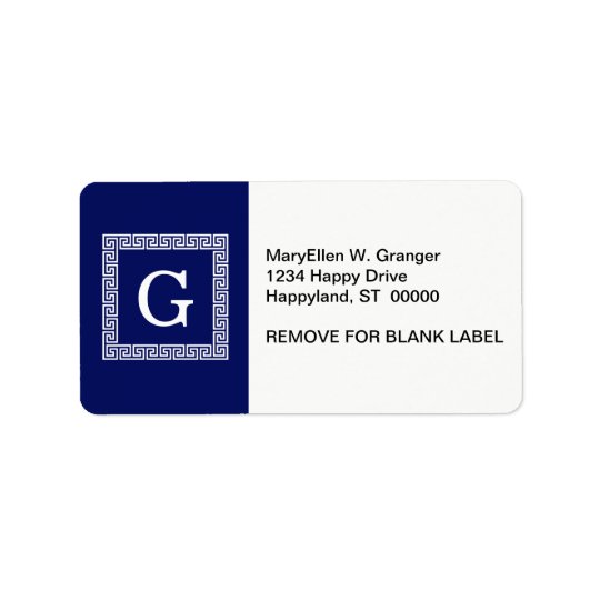 Navy Blue White Greek Key #1 Framed Monogram Address Label