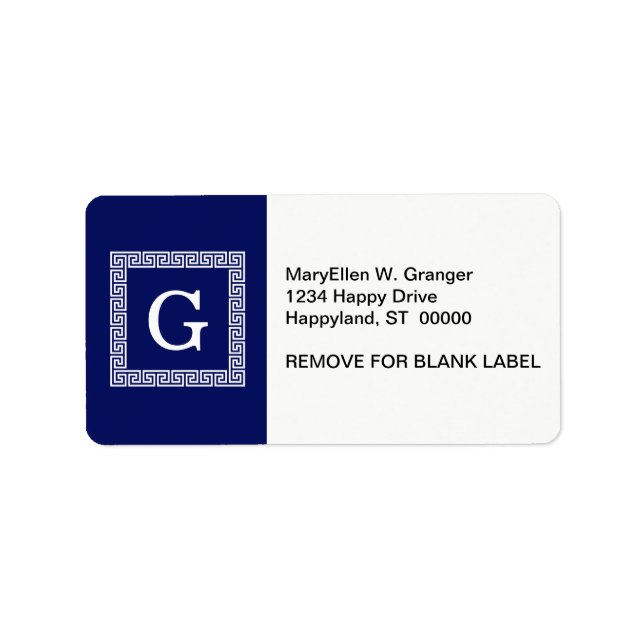 Navy Blue White Greek Key #1 Framed Monogram Label (Front)