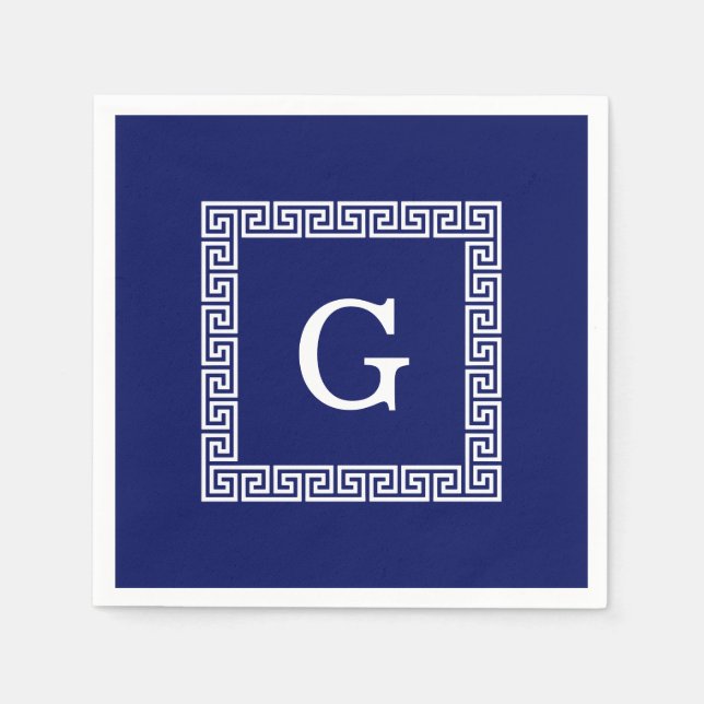 Navy Blue White Greek Key #1 Framed Monogram Napkin (Front)