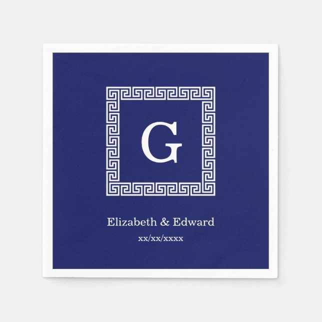 Navy Blue White Greek Key #1 Framed Monogram Napkin (Front)