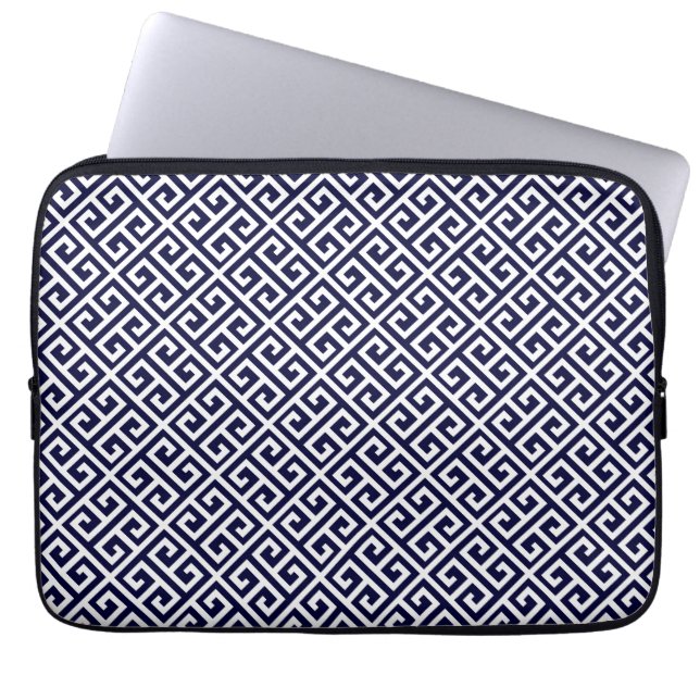 Navy Blue & White Greek Key Laptop Sleeve (Front)