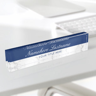 Navy Blue White Grey Marble Elegant Script Nameplate