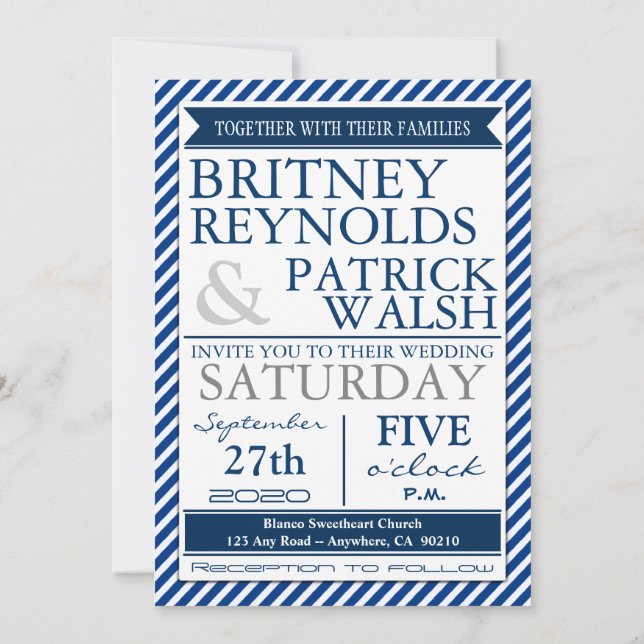 Navy Blue White Grey Nautical Wedding Invitations (Back)