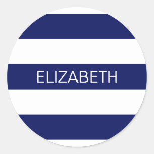 Navy Blue White Horiz Preppy Stripe #3 Monogram Classic Round Sticker