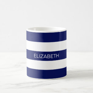 Navy Blue White Horiz Preppy Stripe #3 Monogram Coffee Mug