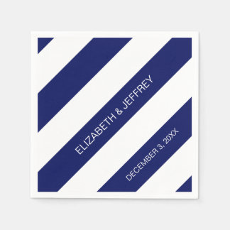 Navy Blue White Horiz Preppy Stripe #3 Monogram Napkin