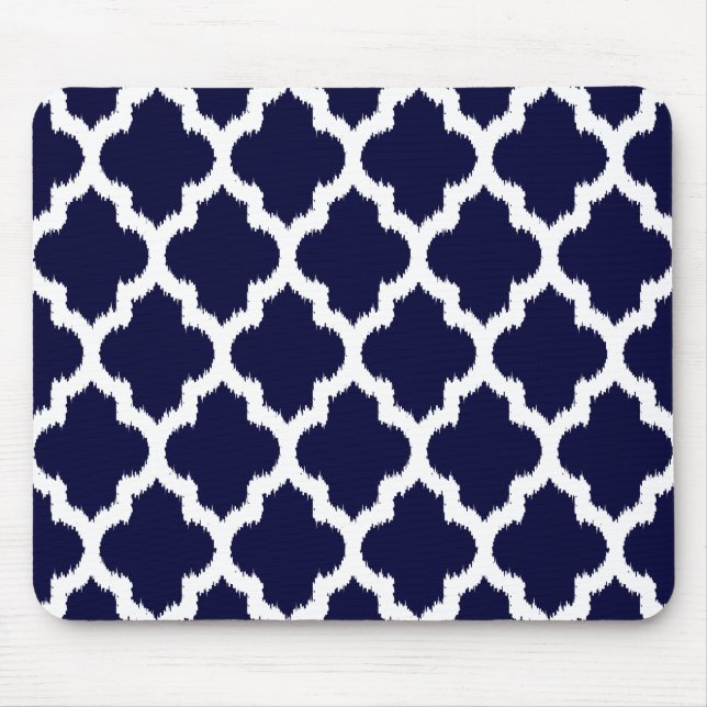 Navy Blue & White Ikat Tribal Geometric Pattern Mouse Pad (Front)