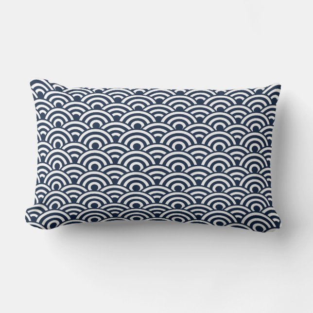 Navy Blue White Japanese Wave Pattern Lumbar Cushion (Front)