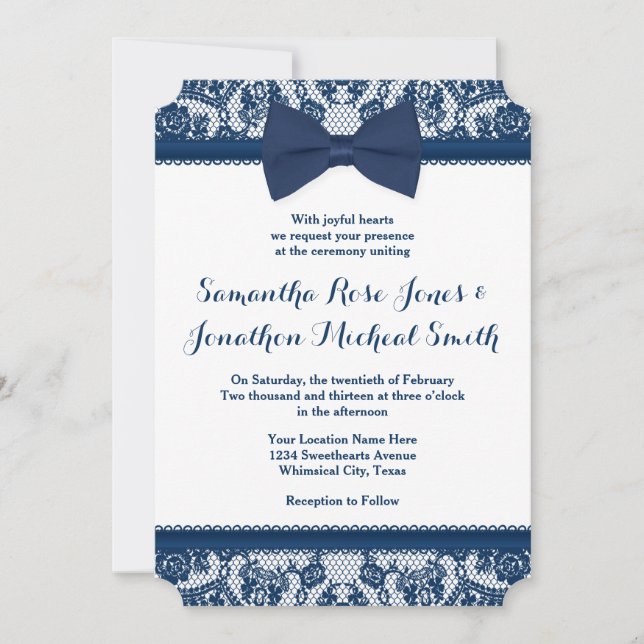 Navy Blue & White Lace Bow Wedding Invitation (Front)