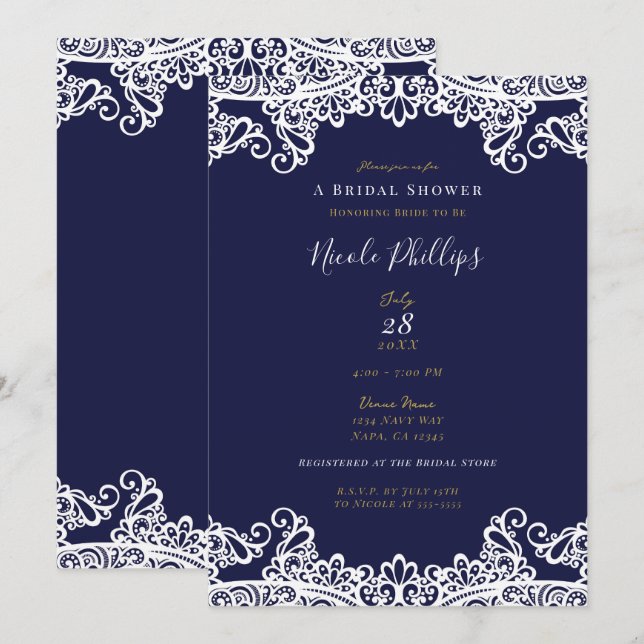 Navy Blue & White Lace Elegant Bridal Shower   Invitation (Front/Back)
