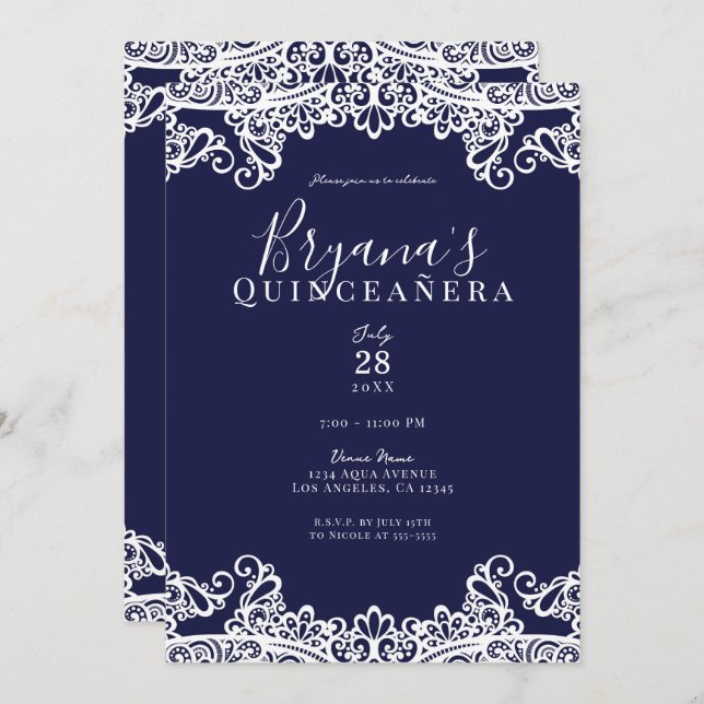 Navy Blue & White Lace Elegant Quinceañera Invitation (Front/Back)