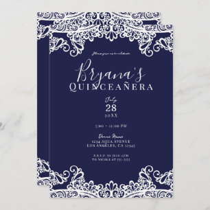 Navy Blue & White Lace Elegant Quinceañera Invitation