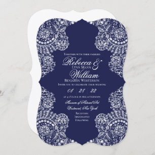 Navy Blue White Lace Elegant Vintage Wedding Invitation
