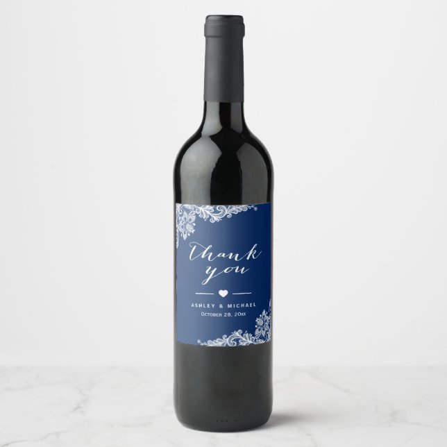 Navy Blue White Lace Elegant Wedding Thank You Wine Label (Front)