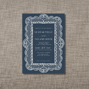 Navy Blue & White Lace Old Money Rustic Wedding Invitation