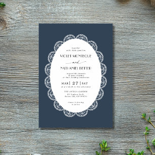 Navy Blue & White Lace Old Money Rustic Wedding Invitation
