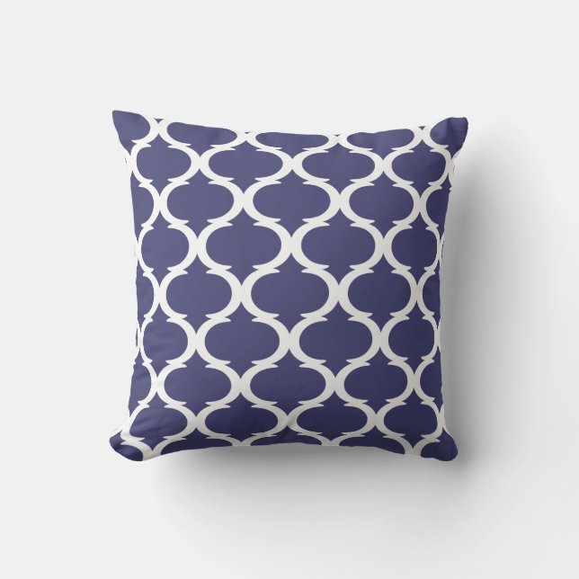 Navy Blue White Lake House Moroccan Quatrefoil Cushion (Front)