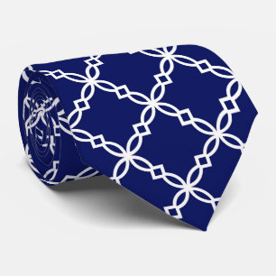 Navy Blue White Large Fancy Quatrefoil Pattern Tie