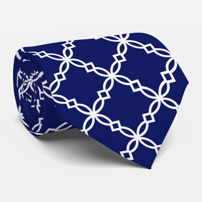 Navy Blue White Large Fancy Quatrefoil Pattern Tie (Rolled)