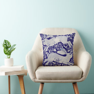 Navy Blue White Leaping Rabbit Hare Chinoiserie Cushion