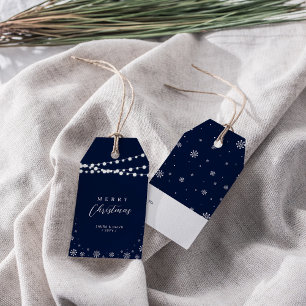 Navy Blue & White   Lights & Snow Merry Christmas Gift Tags