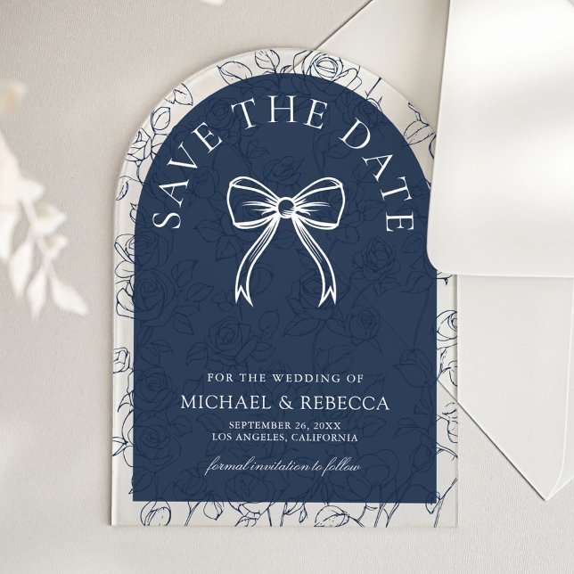 Navy Blue White Line Art Bow Wedding Save the Date Acrylic Invitations (Creator Uploaded)