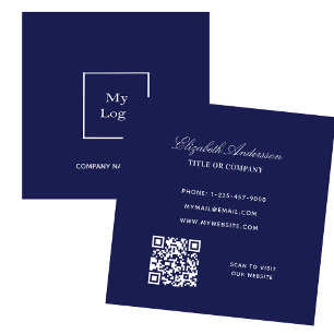 Navy blue white logo QR code elegant Square Business Card