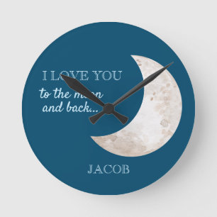 Navy Blue White Love You to the Moon and Back Round Clock