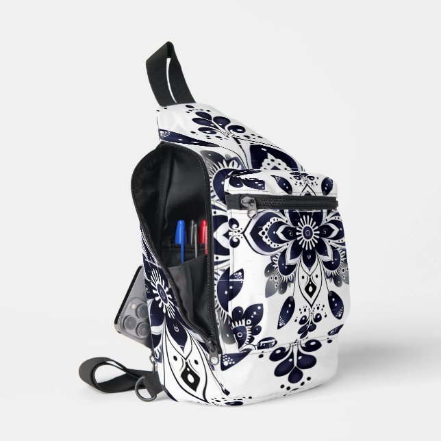 Navy Blue White Mandala Sling Bag (Open)
