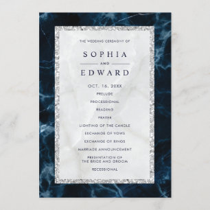Navy Blue White Marble Wedding Program