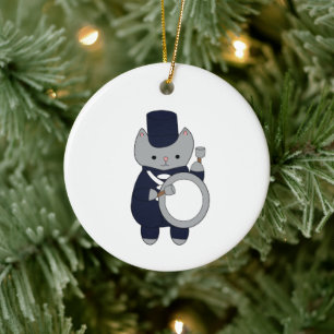 Navy Blue White Marching Band Drummer Cat Ceramic Ornament