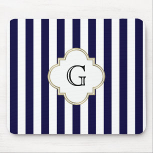 Navy Blue White Medium Stripe White Monogram Label Mouse Pad