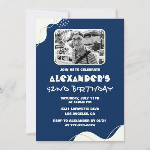 Navy Blue White Men Photo 92nd birthday Invitation